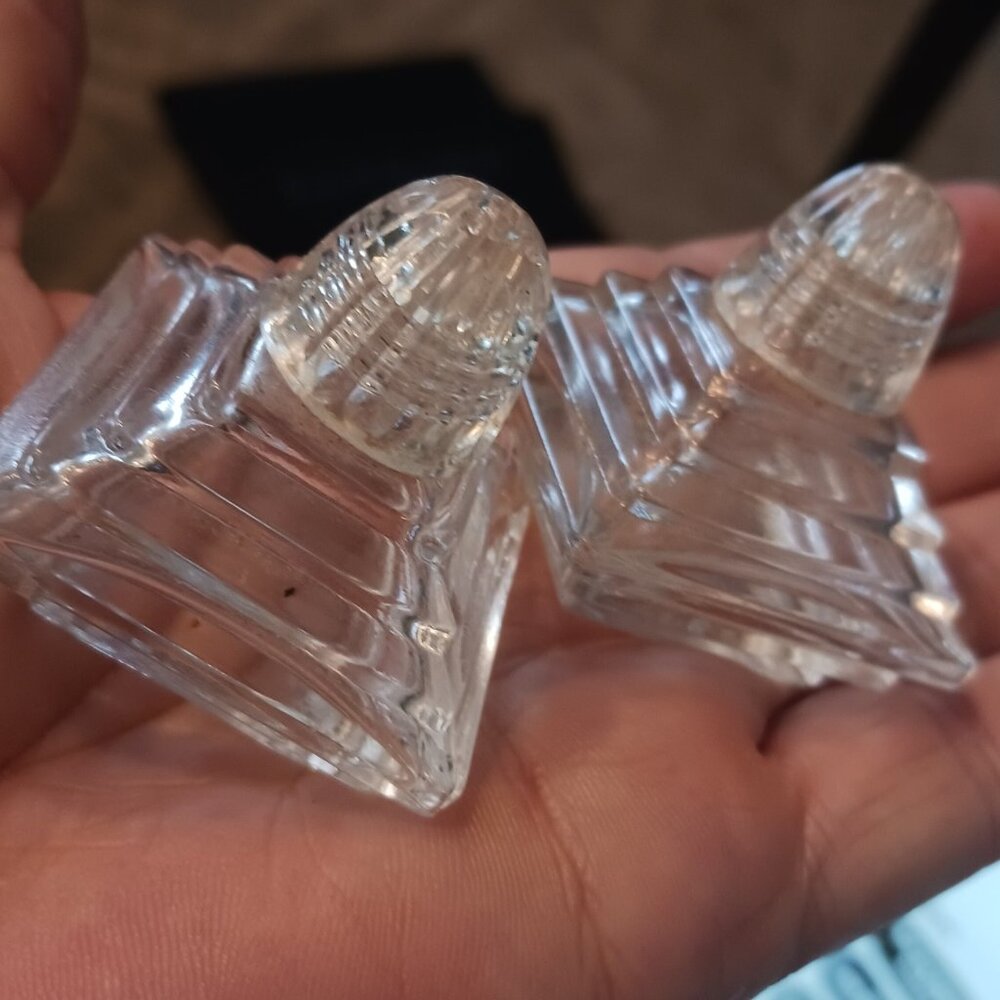 Set of 2 Two Vintage Lrice Mini Glass Salt Shakers Pyramid Shape Art Deco